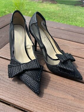 Jessica Simpson Black Studded Pointed-Toe Bow Heels